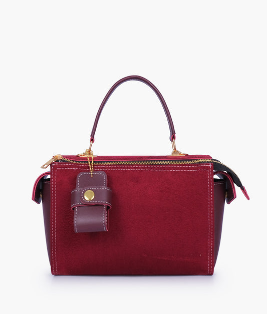 Burgundy suede bowling bag with top-handle